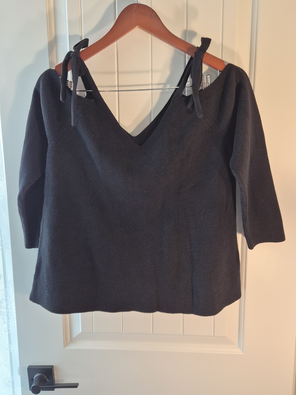 LOFT Black Knit V-Neck Tie Shoulder Sweater Top